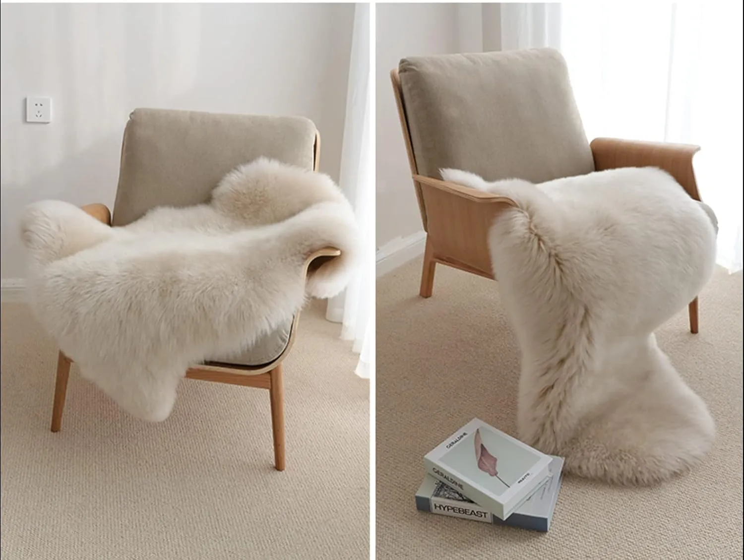 HUAHOO Premium Genuine Sheepskin Rug Linen Real Australia Sheepskin Natural Luxury Fluffy Lambskin Fur Area Rug Seat Covers for Kids Bedroom Sofa Chair Cover Pets Dogs Mat Quarto Pelt/4' x 6' Linen