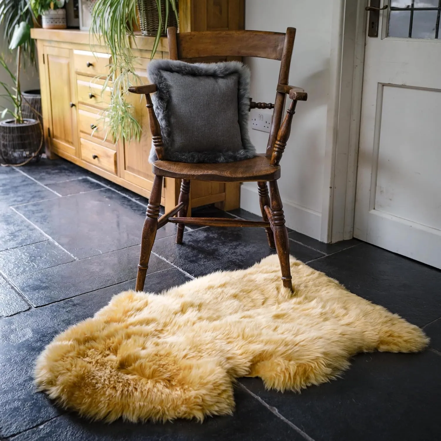 HUAHOO Premium Genuine Sheepskin Rug Real Australia Sheepskin Natural Lambskin Fur Area Rug Seat Covers for Kids Bedroom Sofa Chair Cover Pets Dogs Mat Double Pelt/2' x 3' Banana Yellow