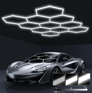 HYPERLITE Gen 2 Hexagon Garage LED Light, Upgraded 3 Level Dimmable 322W 32200LM Super Bright Garage Detailing Lights, 11 Grids Hex Shop Lights, Hexagon LED Lights for Basement, Gym, Shop