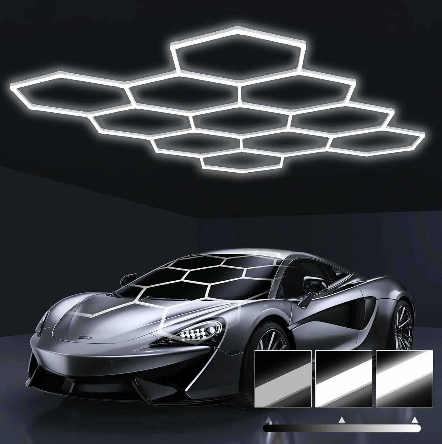 HYPERLITE Gen 2 Hexagon Garage LED Light, Upgraded 3 Level Dimmable 322W 32200LM Super Bright Garage Detailing Lights, 11 Grids Hex Shop Lights, Hexagon LED Lights for Basement, Gym, Shop