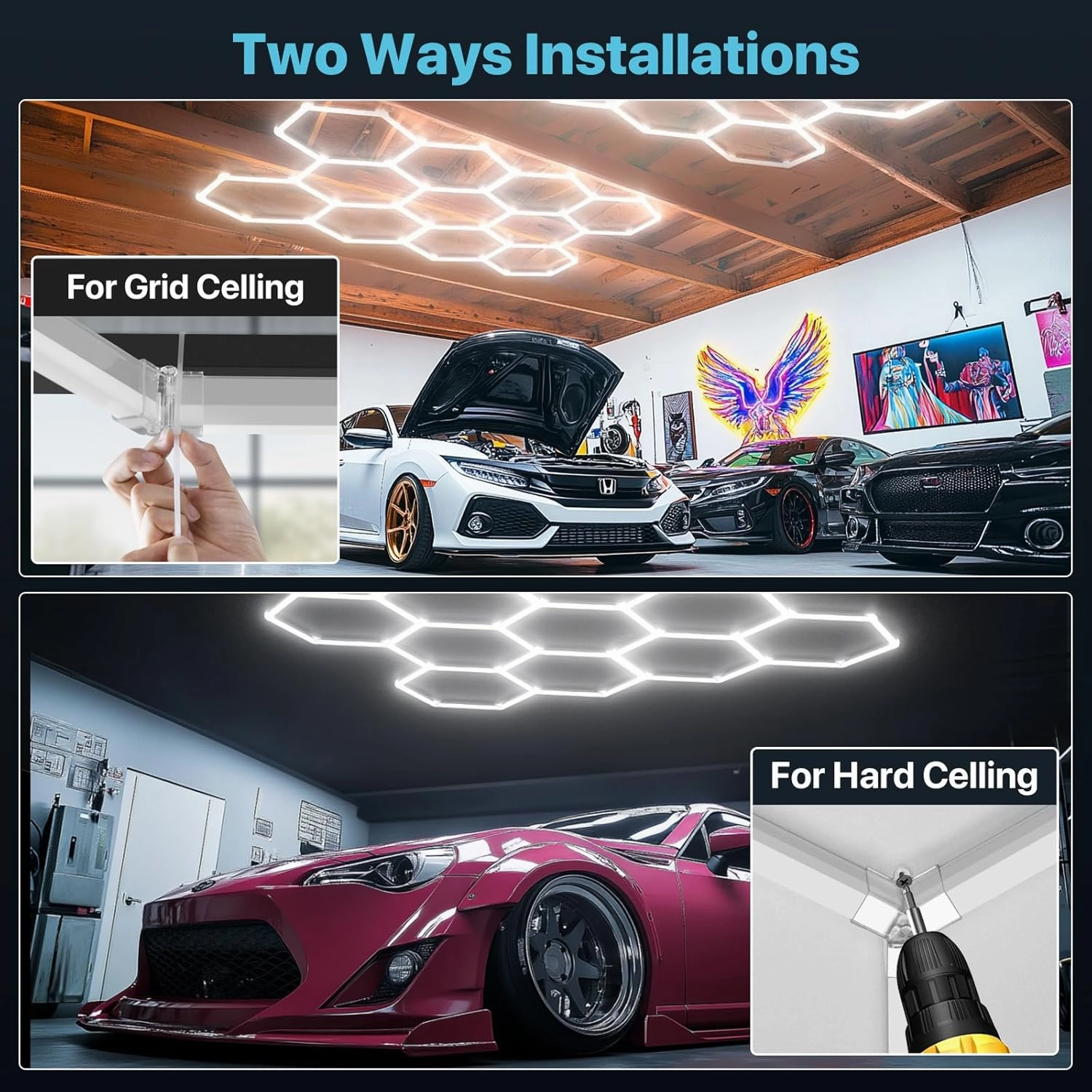 HYPERLITE Gen 2 Hexagon Garage LED Light, Upgraded 3 Level Dimmable 322W 32200LM Super Bright Garage Detailing Lights, 11 Grids Hex Shop Lights, Hexagon LED Lights for Basement, Gym, Shop