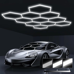 HYPERLITE Gen 2 Hexagon Garage LED Light, Upgraded 3 Level Dimmable 322W 32200LM Super Bright Garage Detailing Lights, 11 Grids Hex Shop Lights, Hexagon LED Lights for Basement, Gym, Shop
