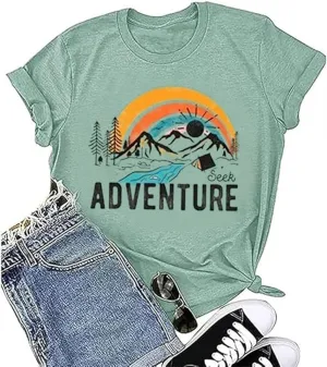 I'd Hike That Hiking Shirt Women Happy Camper Sunrise Mountain Graphic Tee Tops Short Sleeve Camp Lover Vacation Tshirt
