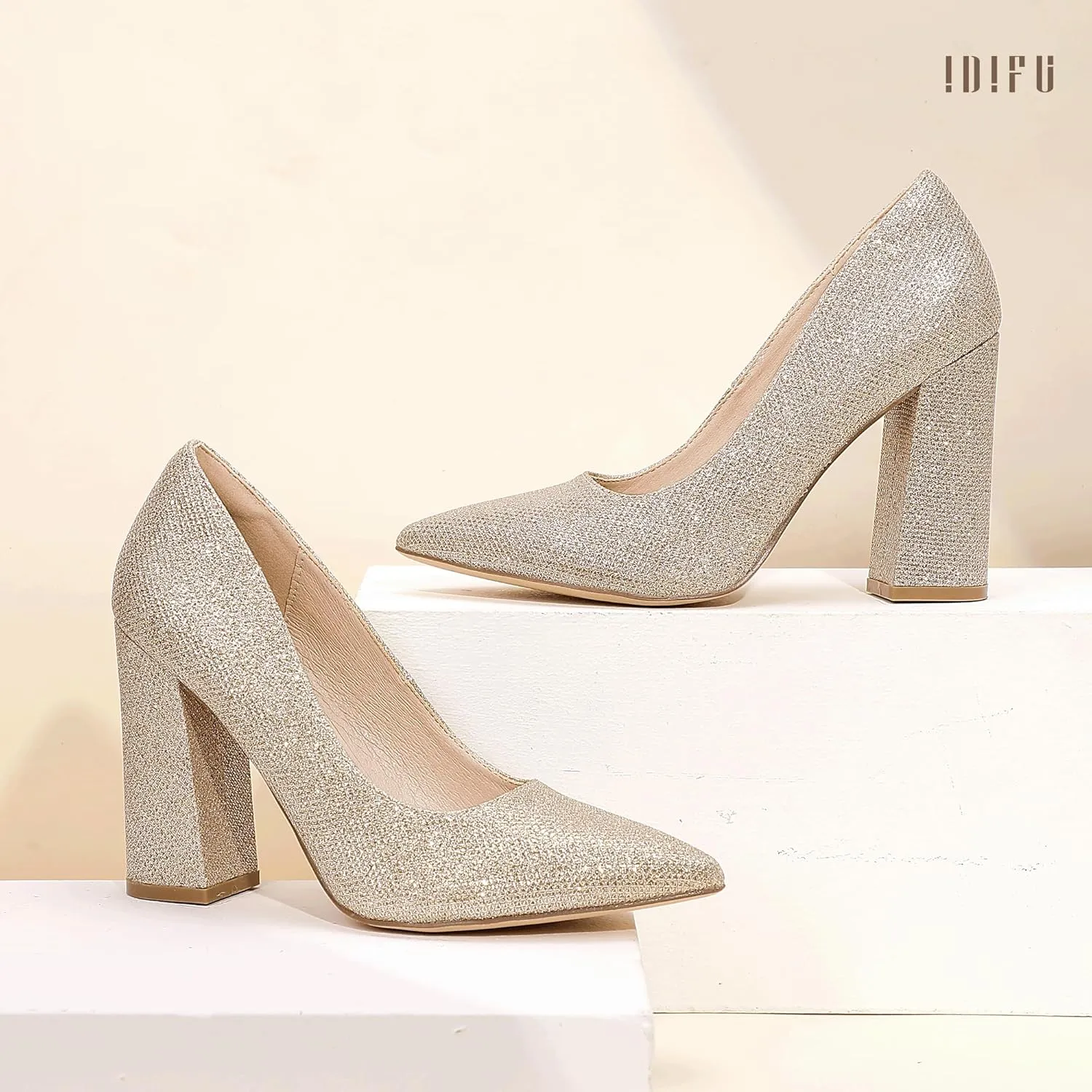 IDIFU IN4 Women's Pumps - Closed Toe Heels with Chunky Block Heels - Thick Pointed Toe Dress Shoes for Women - Wedding, Prom, Bridal, Office, Business - Comfortable, Formal, Fashion, Classic Pumps