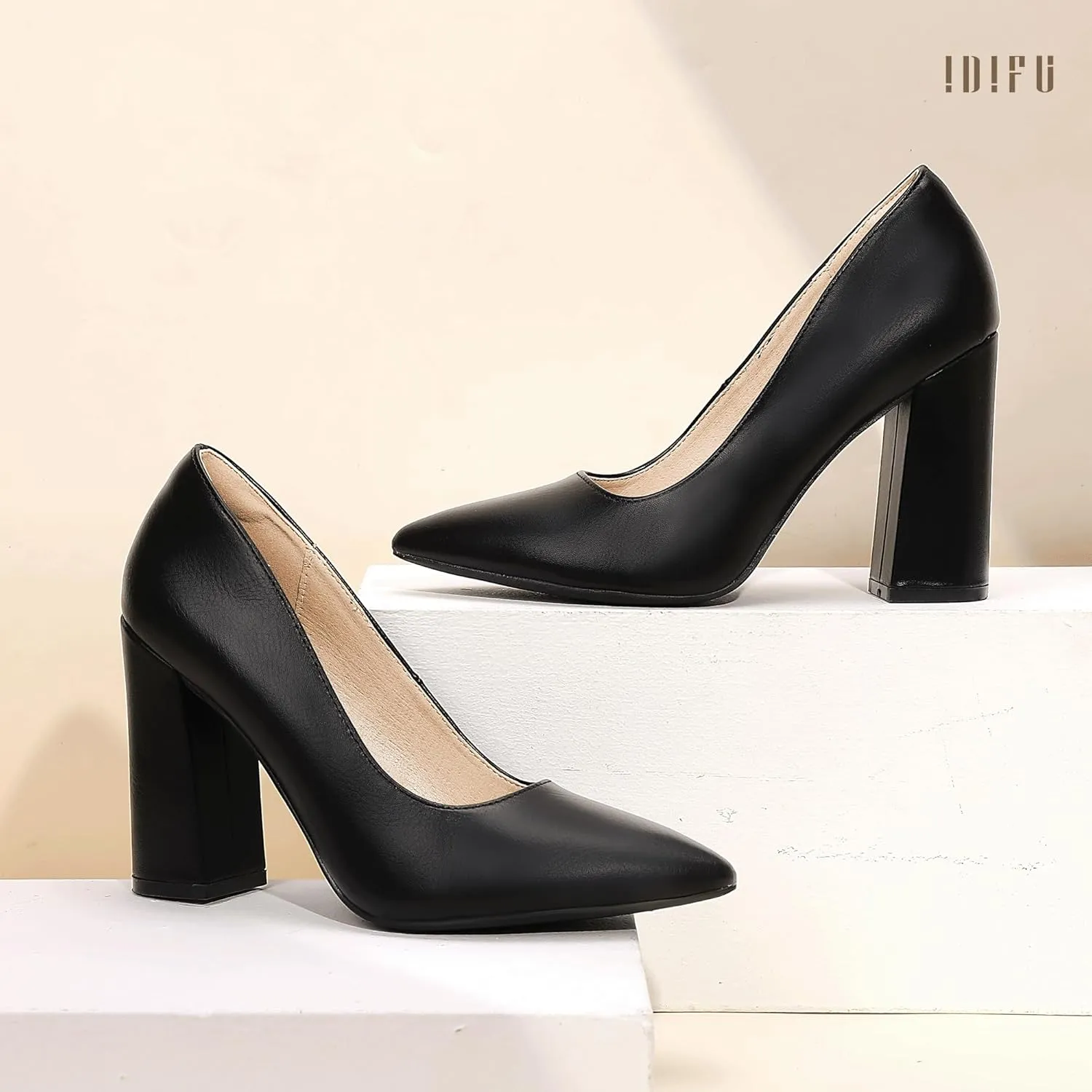 IDIFU IN4 Women's Pumps - Closed Toe Heels with Chunky Block Heels - Thick Pointed Toe Dress Shoes for Women - Wedding, Prom, Bridal, Office, Business - Comfortable, Formal, Fashion, Classic Pumps