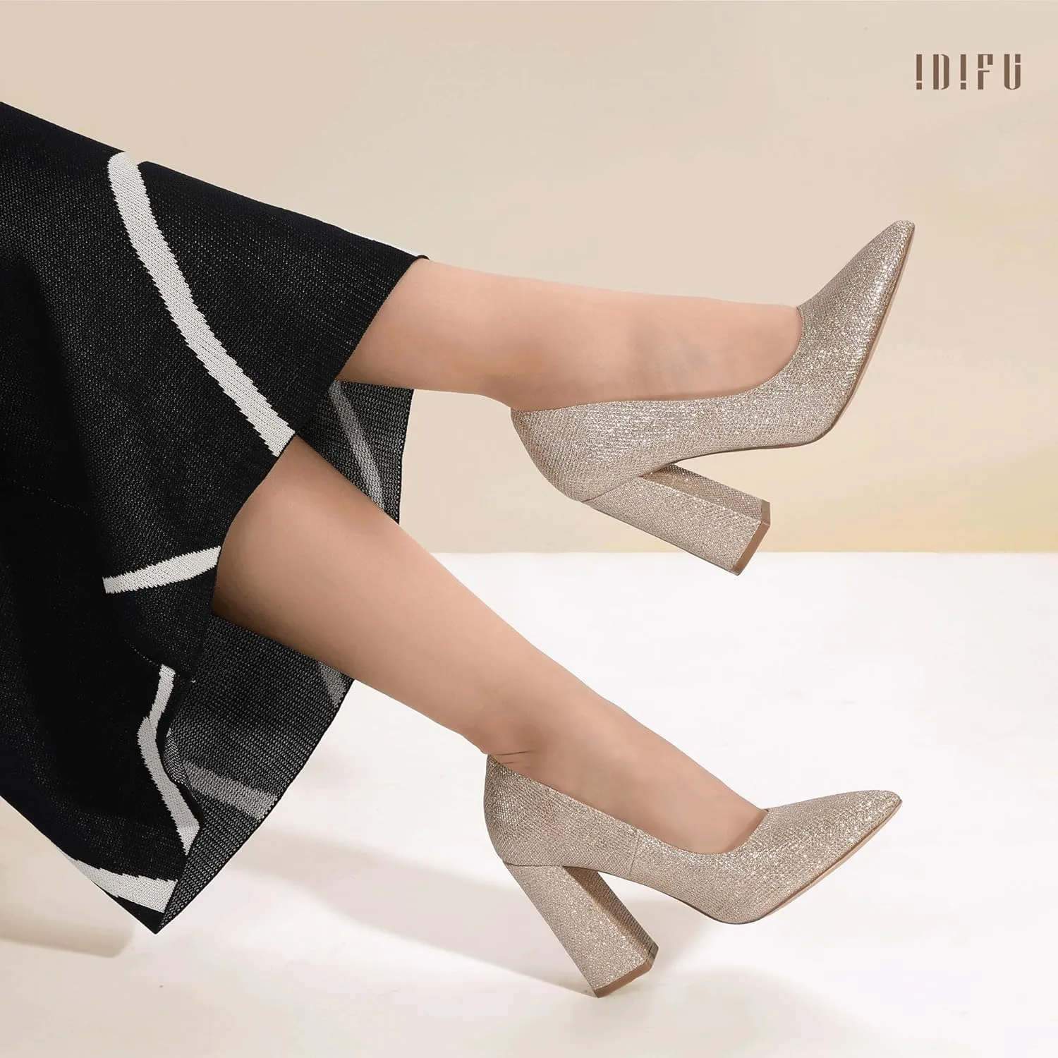 IDIFU IN4 Women's Pumps - Closed Toe Heels with Chunky Block Heels - Thick Pointed Toe Dress Shoes for Women - Wedding, Prom, Bridal, Office, Business - Comfortable, Formal, Fashion, Classic Pumps