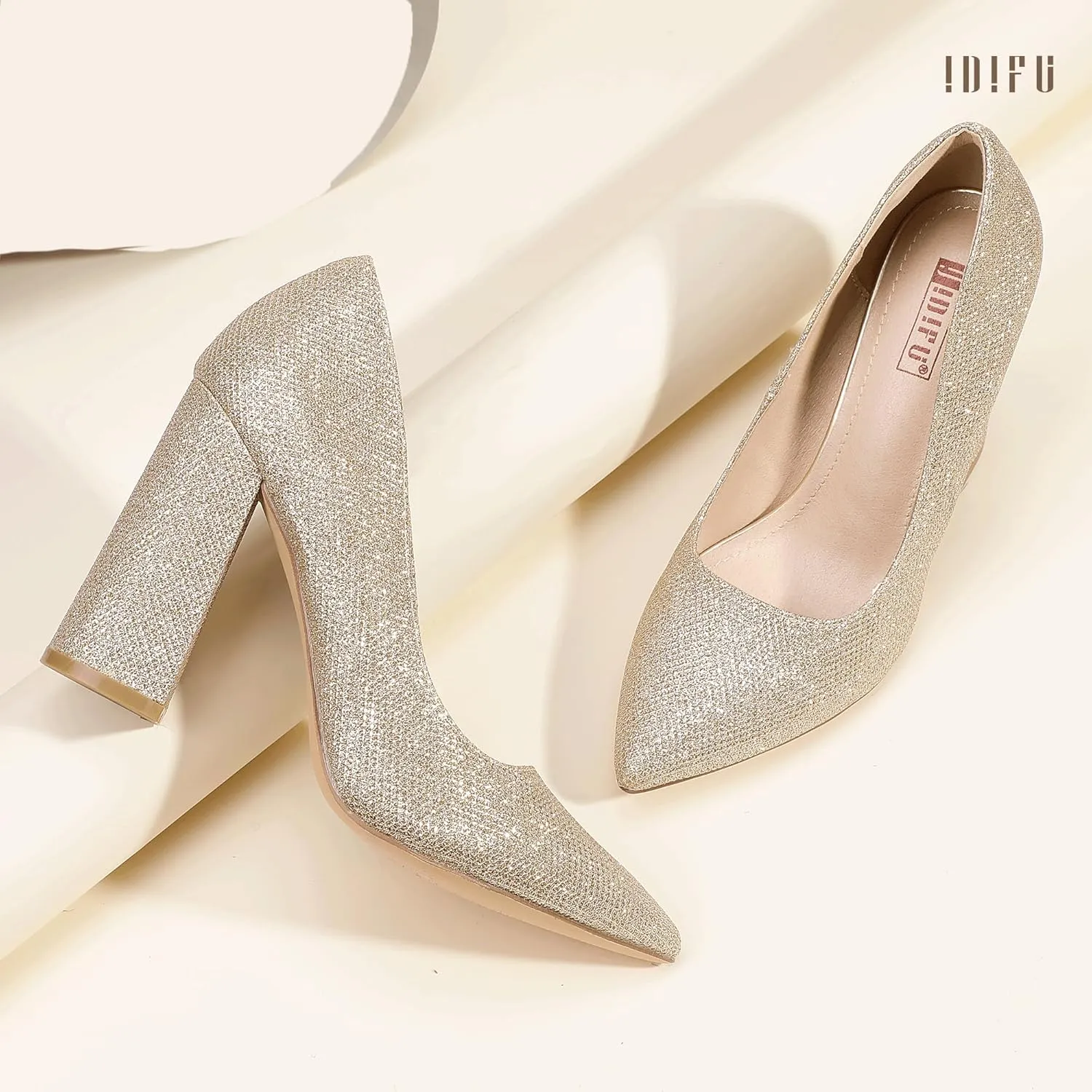 IDIFU IN4 Women's Pumps - Closed Toe Heels with Chunky Block Heels - Thick Pointed Toe Dress Shoes for Women - Wedding, Prom, Bridal, Office, Business - Comfortable, Formal, Fashion, Classic Pumps