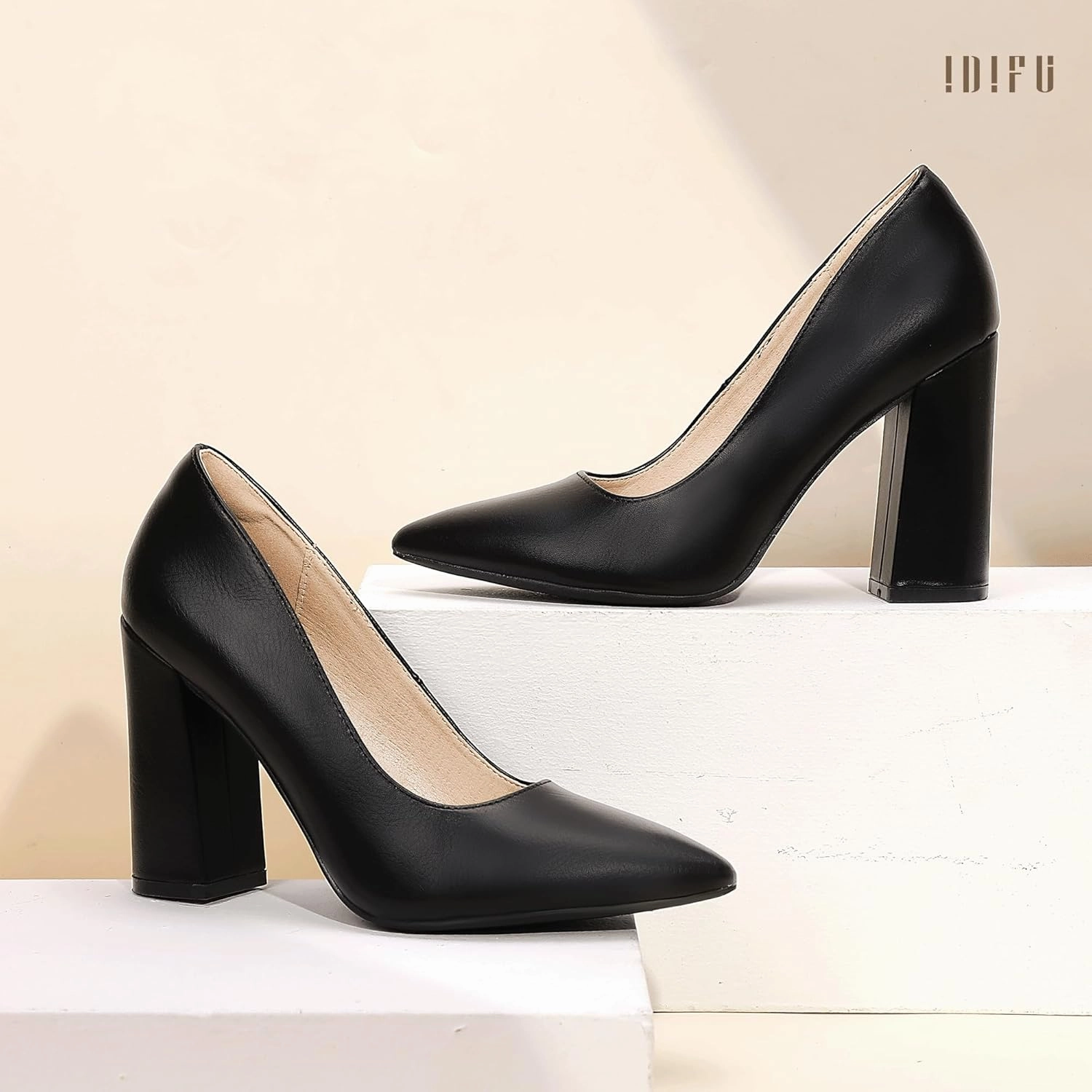 IDIFU IN4 Women's Pumps - Closed Toe Heels with Chunky Block Heels - Thick Pointed Toe Dress Shoes for Women - Wedding, Prom, Bridal, Office, Business - Comfortable, Formal, Fashion, Classic Pumps