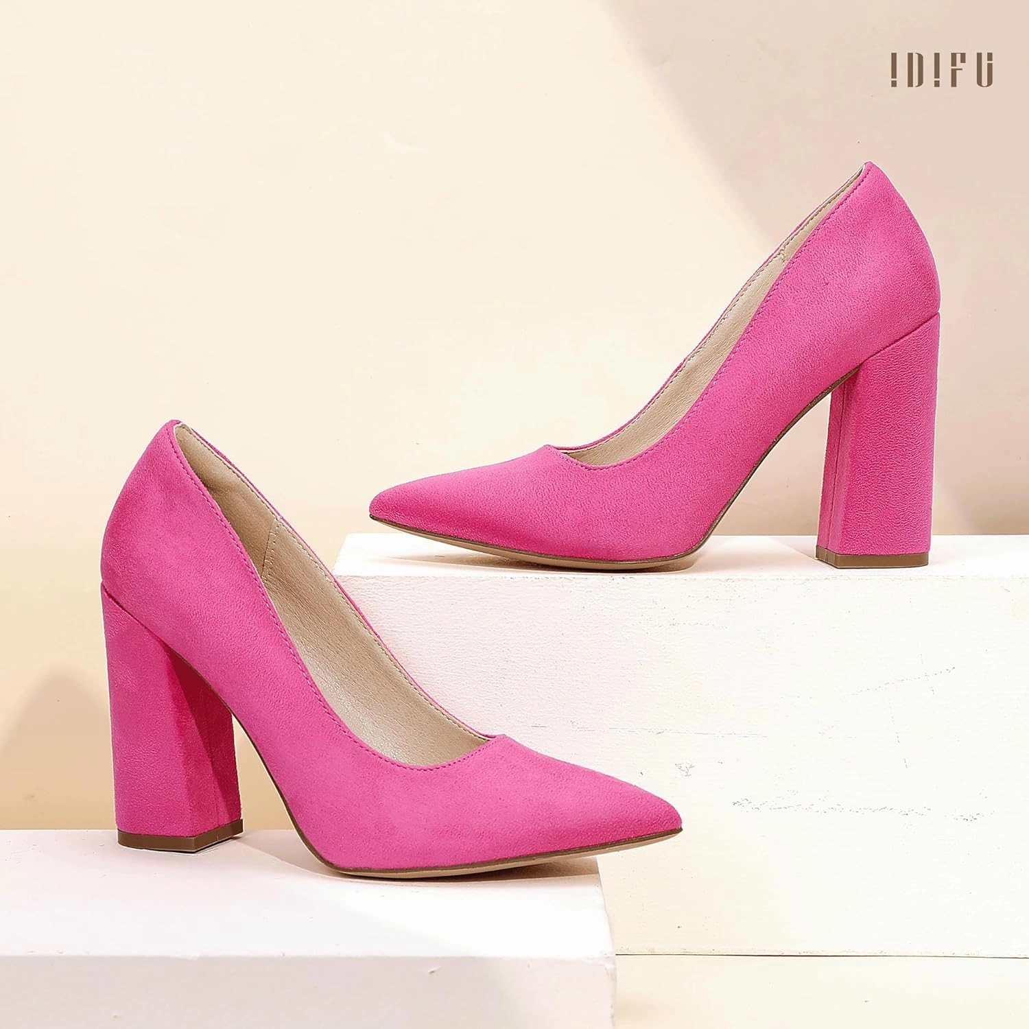 IDIFU IN4 Women's Pumps - Closed Toe Heels with Chunky Block Heels - Thick Pointed Toe Dress Shoes for Women - Wedding, Prom, Bridal, Office, Business - Comfortable, Formal, Fashion, Classic Pumps