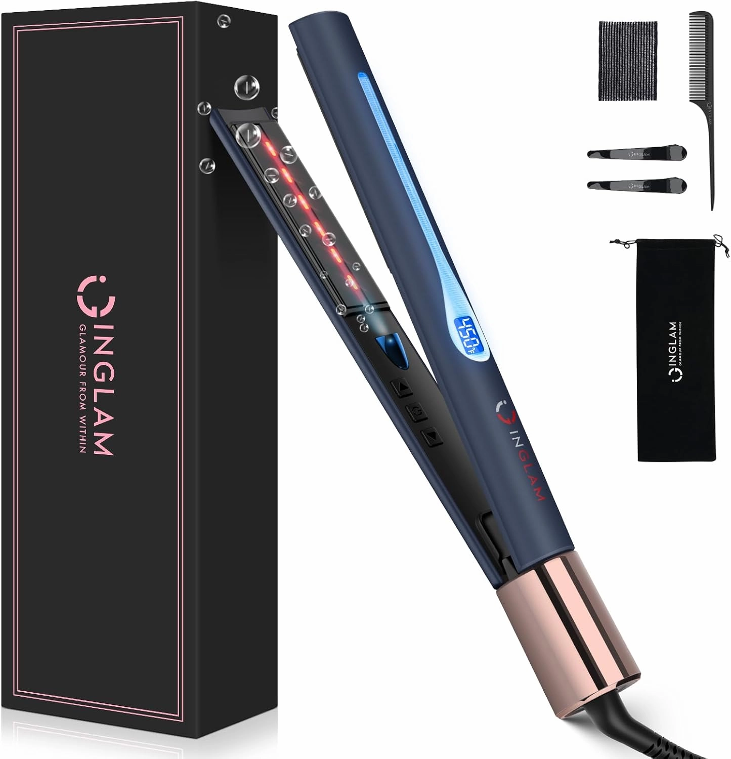 IG INGLAM Titanium Flat Iron Hair Straightener, 1 Inch Curling Iron, Infrared Negative Ionic Hair Straightener 11 Adjust Temp 250°F-450°F, Shiny Hair Dual Voltage 110-240V, Gift, Prussian Blue