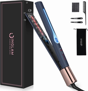 IG INGLAM Titanium Flat Iron Hair Straightener, 1 Inch Curling Iron, Infrared Negative Ionic Hair Straightener 11 Adjust Temp 250°F-450°F, Shiny Hair Dual Voltage 110-240V, Gift, Prussian Blue