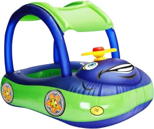 iGeeKid Inflatable Baby Pool Float with Canopy, Safty Seat for Infant Baby Swim Float Rings Car Shaped Swimming Pool Floaties for Babies Toddler Age of 6-36 Months (Blue)