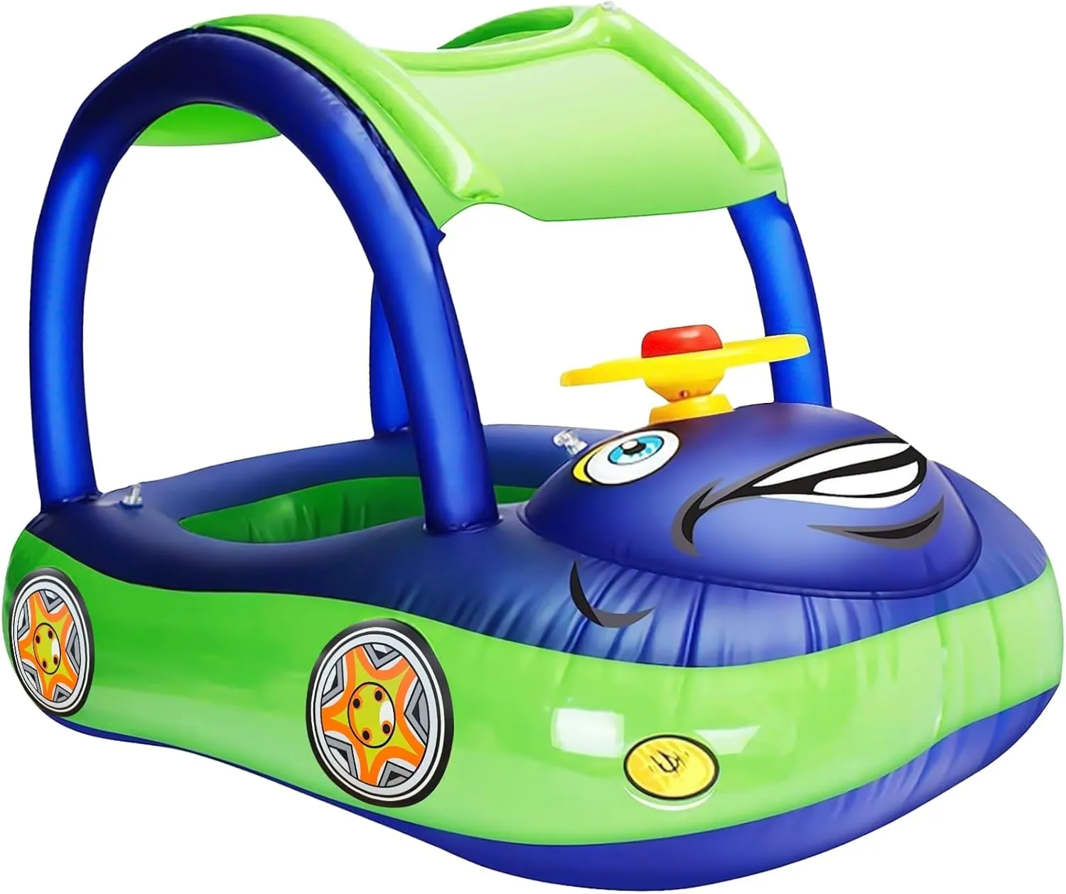 iGeeKid Inflatable Baby Pool Float with Canopy, Safty Seat for Infant Baby Swim Float Rings Car Shaped Swimming Pool Floaties for Babies Toddler Age of 6-36 Months (Blue)