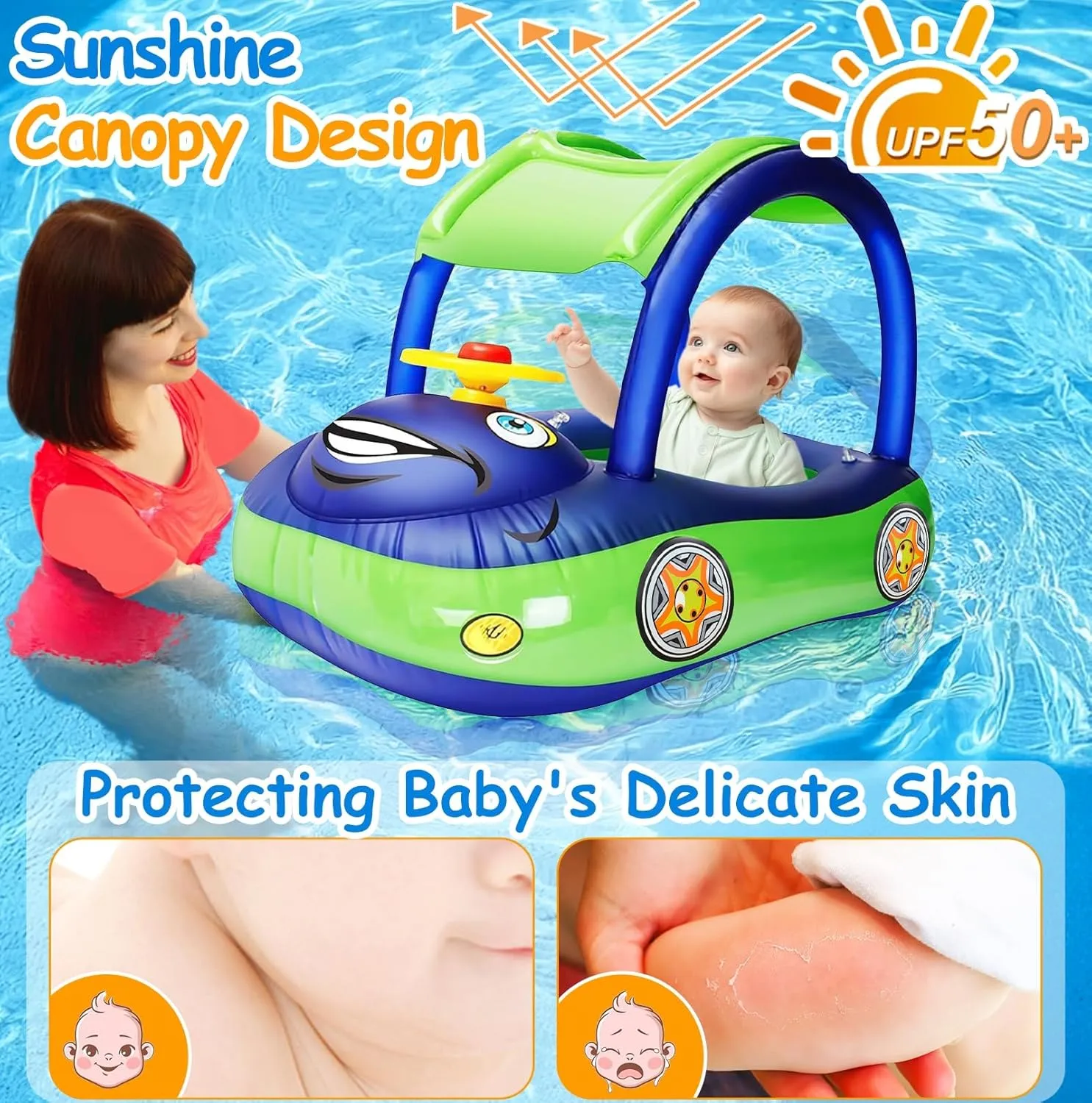 iGeeKid Inflatable Baby Pool Float with Canopy, Safty Seat for Infant Baby Swim Float Rings Car Shaped Swimming Pool Floaties for Babies Toddler Age of 6-36 Months (Blue)