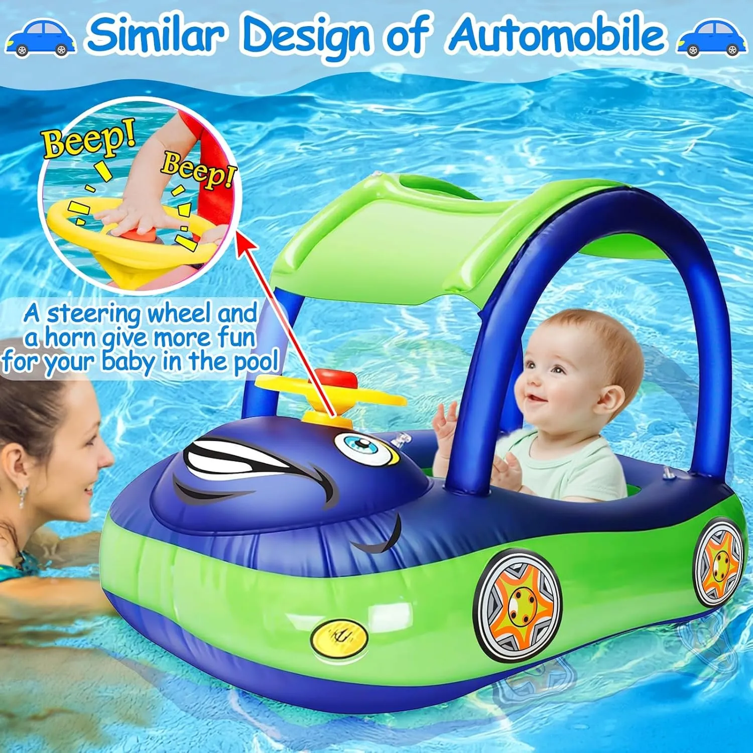iGeeKid Inflatable Baby Pool Float with Canopy, Safty Seat for Infant Baby Swim Float Rings Car Shaped Swimming Pool Floaties for Babies Toddler Age of 6-36 Months (Blue)