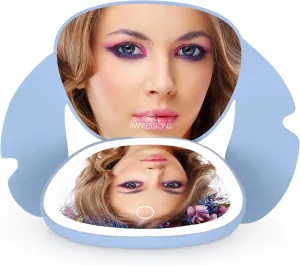 Impressions Vanity Stitch Ohana LED Compact Mirror with Lights, Lighted Travel Makeup Mirror with 3X Magnification, Adjustable Brightness, and Soft Touch Velvety Finish, Auto Shut-Off