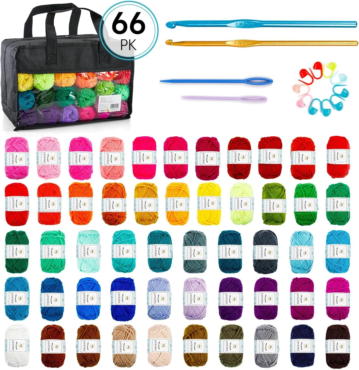 Inscraft 52 Acrylic Yarn Skeins, 1820 Yards 52 Colors, 2 Crochet Hooks, 2 Weaving Needles, 10 Stitch Markers, 1 Bag, for Crocheting & Knitting, Gift Beginners and Adults
