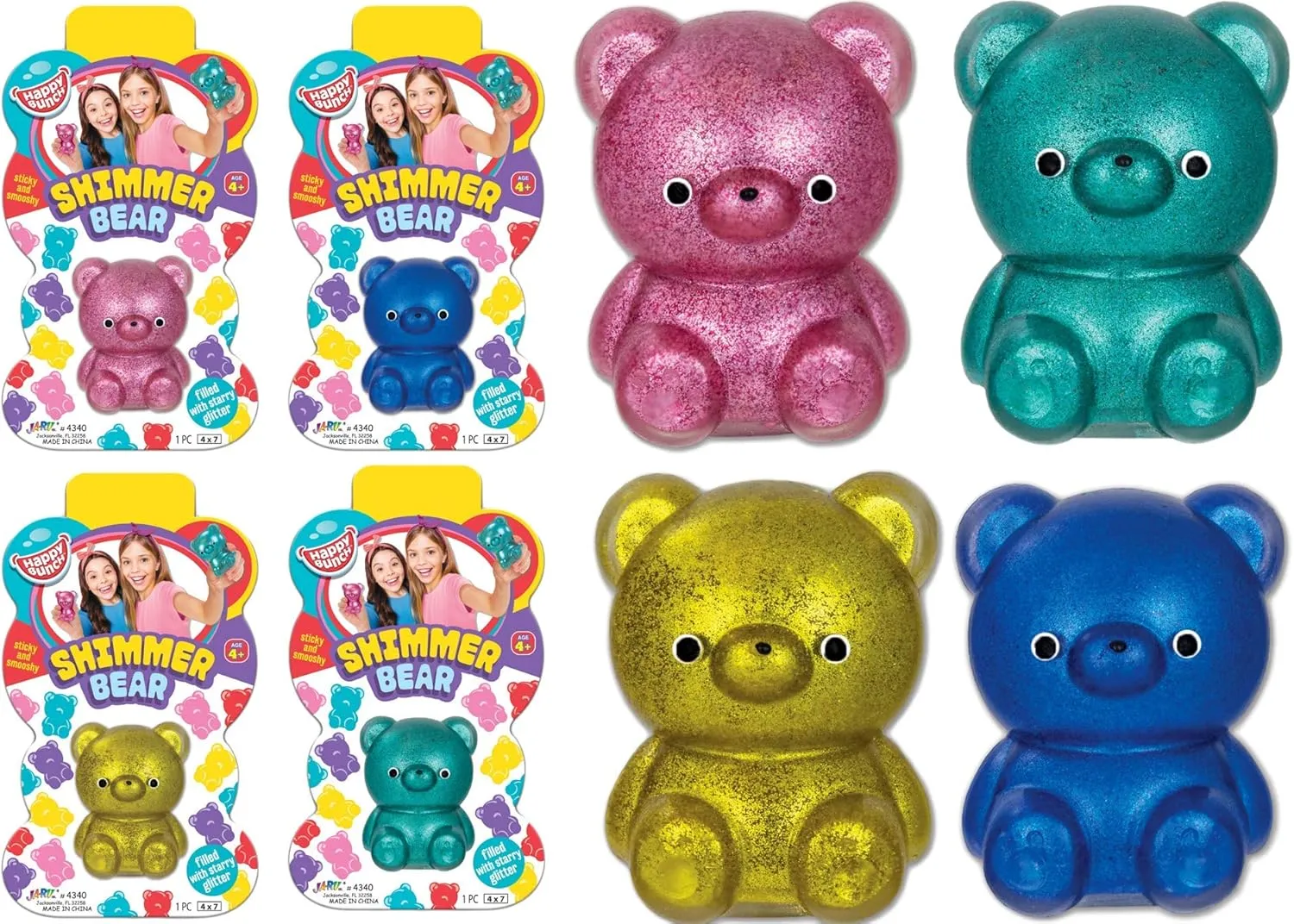 JA-RU Squishy Glitter Bear (4 Bears Assorted) Small Cute Animal Squishy Fidget Toys for Kids. Gummy Bear Stress Relief Toys. Birthday Goodie Bags Halloween Party Favors Kindergarten Prizes. 4340-4s