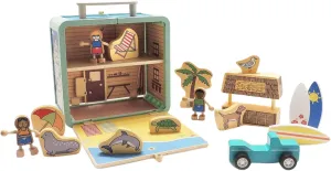 Jack Rabbit Creations Suitcase Playset (Surf Shack Design) 17 Piece Set – Portable Play Toys – Includes Surf Kids, Surfboards, Snack Hut and Car – Made of Eco-Friendly Bamboo - Ages 3  Years