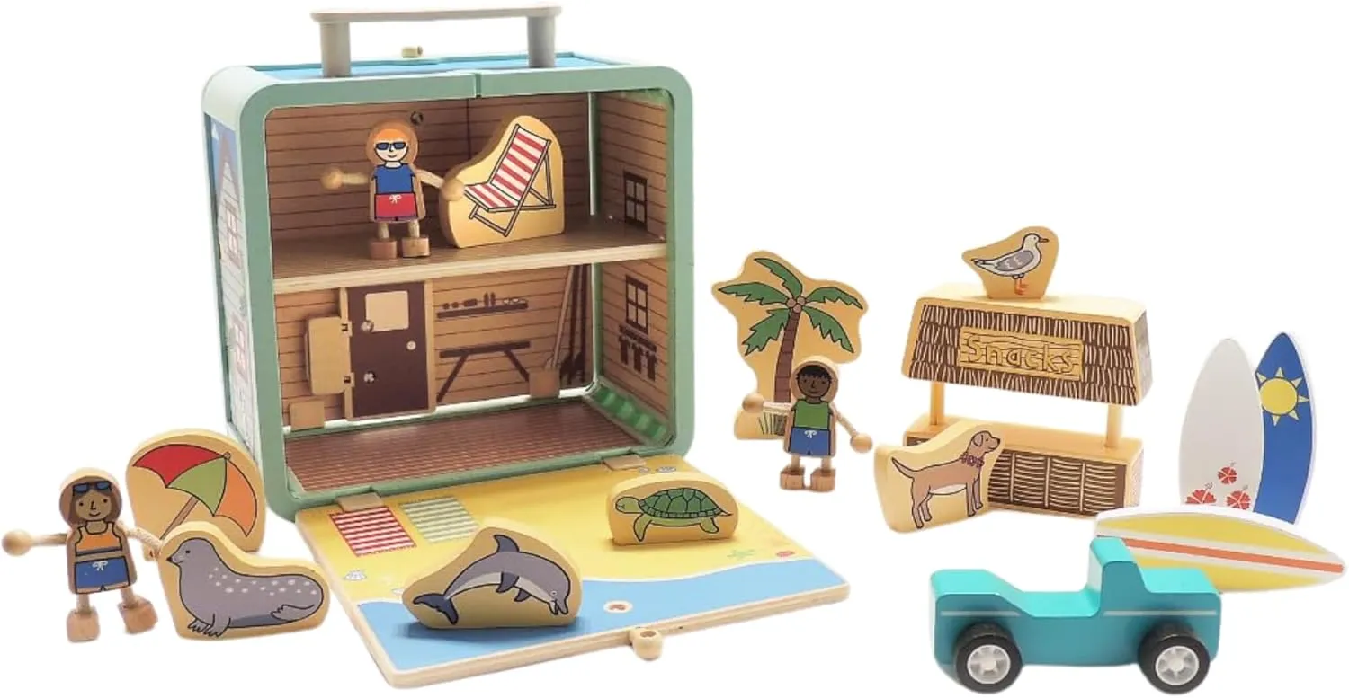 Jack Rabbit Creations Suitcase Playset (Surf Shack Design) 17 Piece Set – Portable Play Toys – Includes Surf Kids, Surfboards, Snack Hut and Car – Made of Eco-Friendly Bamboo - Ages 3  Years