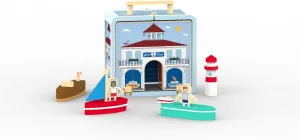 Jack Rabbit Creations Yacht Club Suitcase Playset 13 Eco-Friendly Wooden Figures- Travel Toys- Includes Boats, Sailors, Lighthouse, Sea Creatures and Dog- Boys and Girls 3 