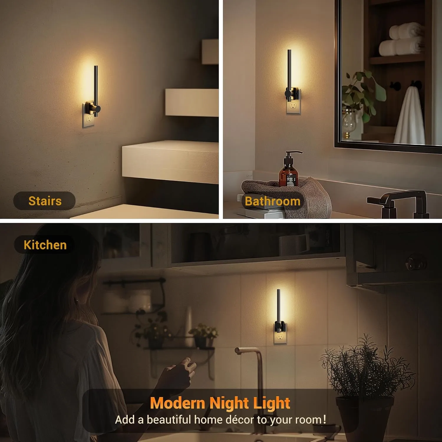 JandCase Night Lights Plug into Wall,0-200LM Dimmable LED Nightlights, 2 Pack Soft White 3000K Vanity Night Light With Auto Light Sensor for Bathroom Dressing Room