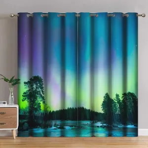 Jekeno Aurora Blackout Curtains Colorful Aurora Borealis Light Northern Lights in The Sky Print Grommet Window Drapes for Bedroom Living Room 2 Panel Set, 52"x84"