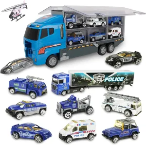 Jenilily Police Car Toy Blue Truck Toy Transporter Mini Vehicles Playsets in Carrier Truck for Kids 3 4 5 6