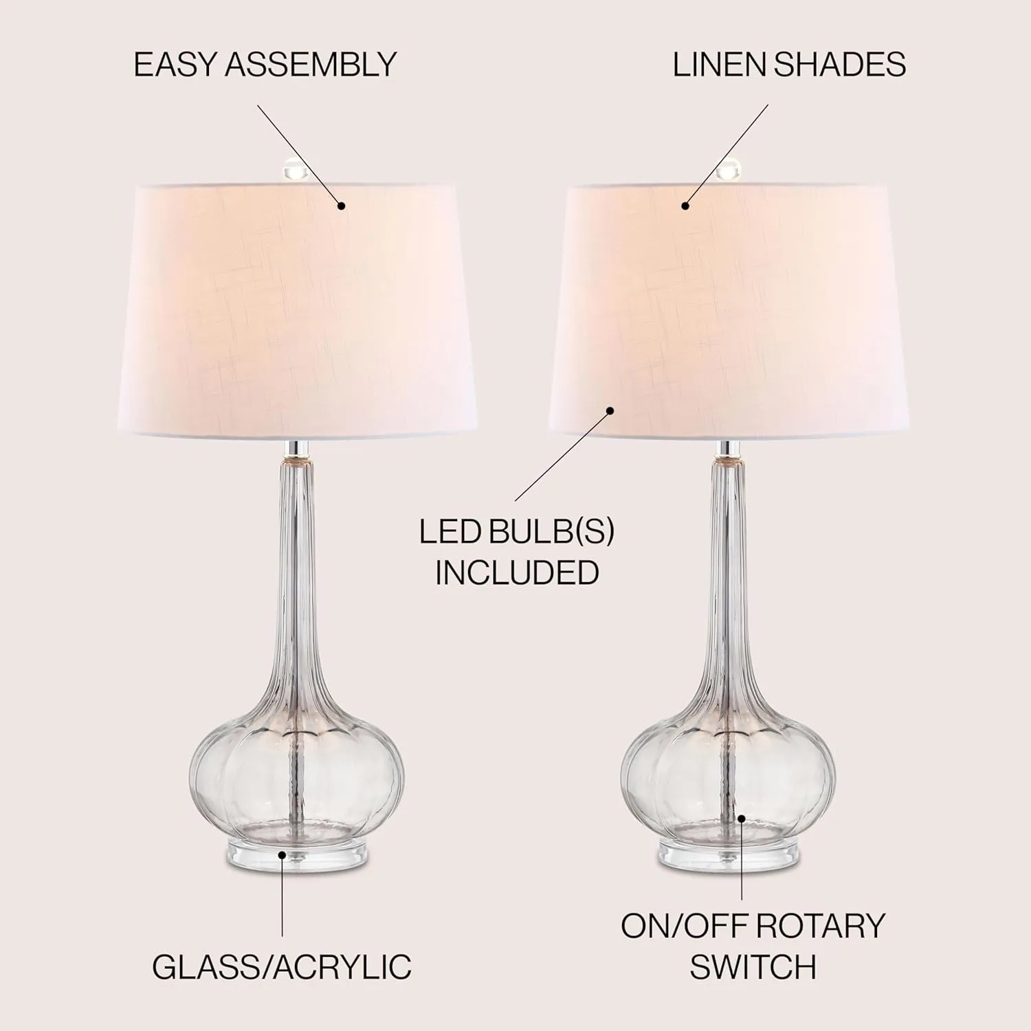 JONATHAN Y JYL1079D-SET2 Bette 28.5" Glass Teardrop LED Table Lamp Contemporary Transitional Bedside Desk Nightstand Lamp for Bedroom Living Room Office College Bookcase, Smoke Gray (Set of 2)