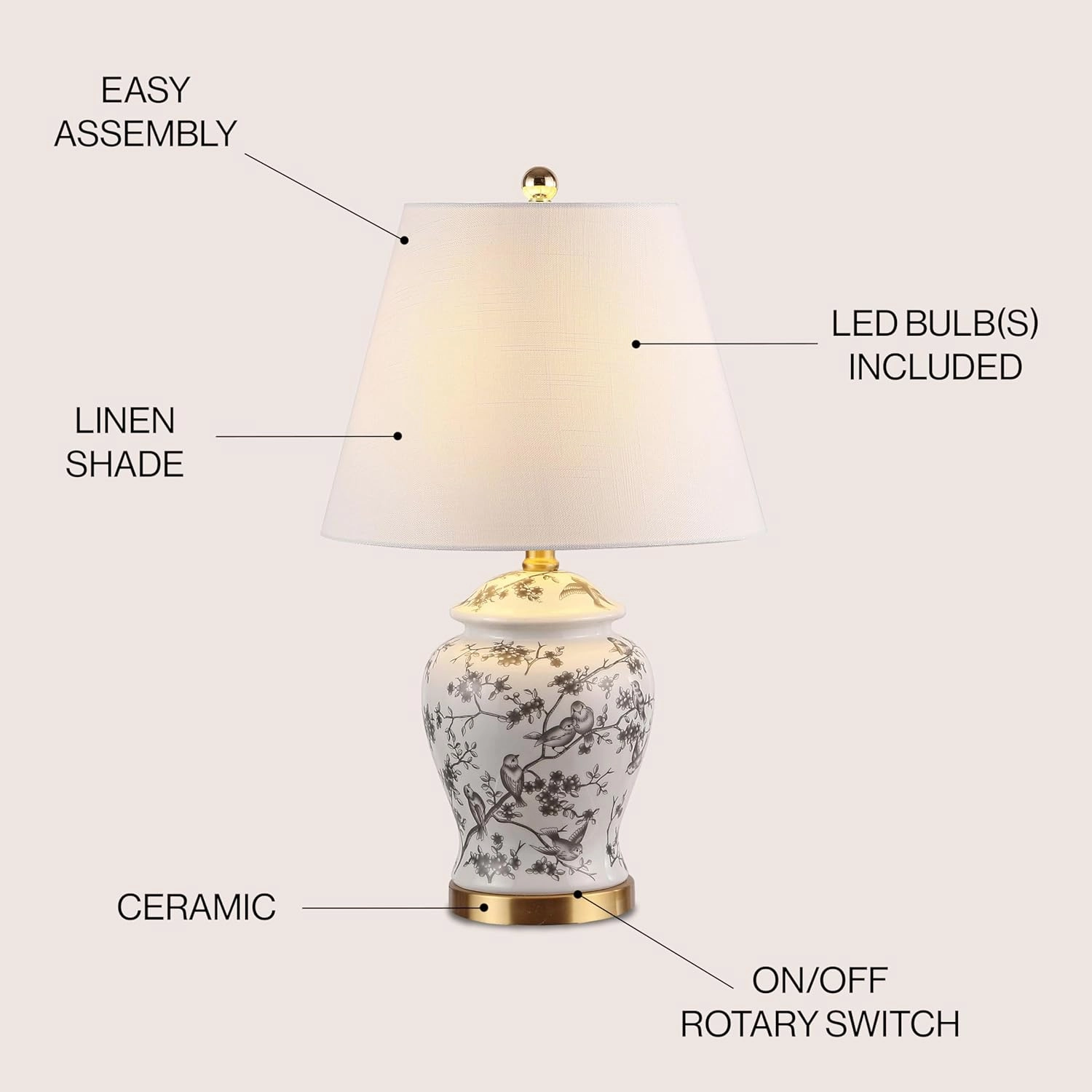 JONATHAN Y JYL3005C Penelope 22" Chinoiserie Classic LED Table Lamp Cottage Traditional Bedside Desk Nightstand for Bedroom Living Room Office College Bookcase LED Bulb Included, Gray/White
