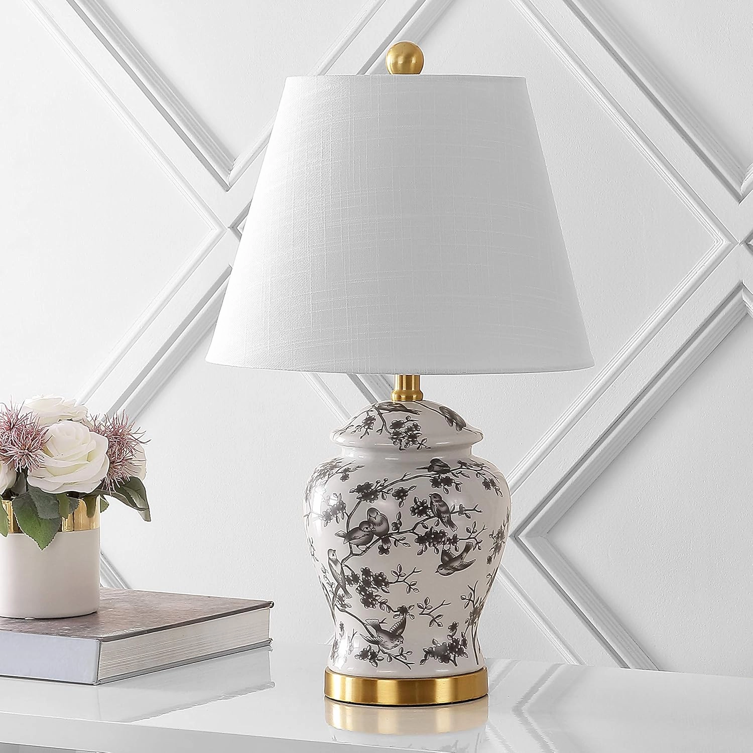 JONATHAN Y JYL3005C Penelope 22" Chinoiserie Classic LED Table Lamp Cottage Traditional Bedside Desk Nightstand for Bedroom Living Room Office College Bookcase LED Bulb Included, Gray/White
