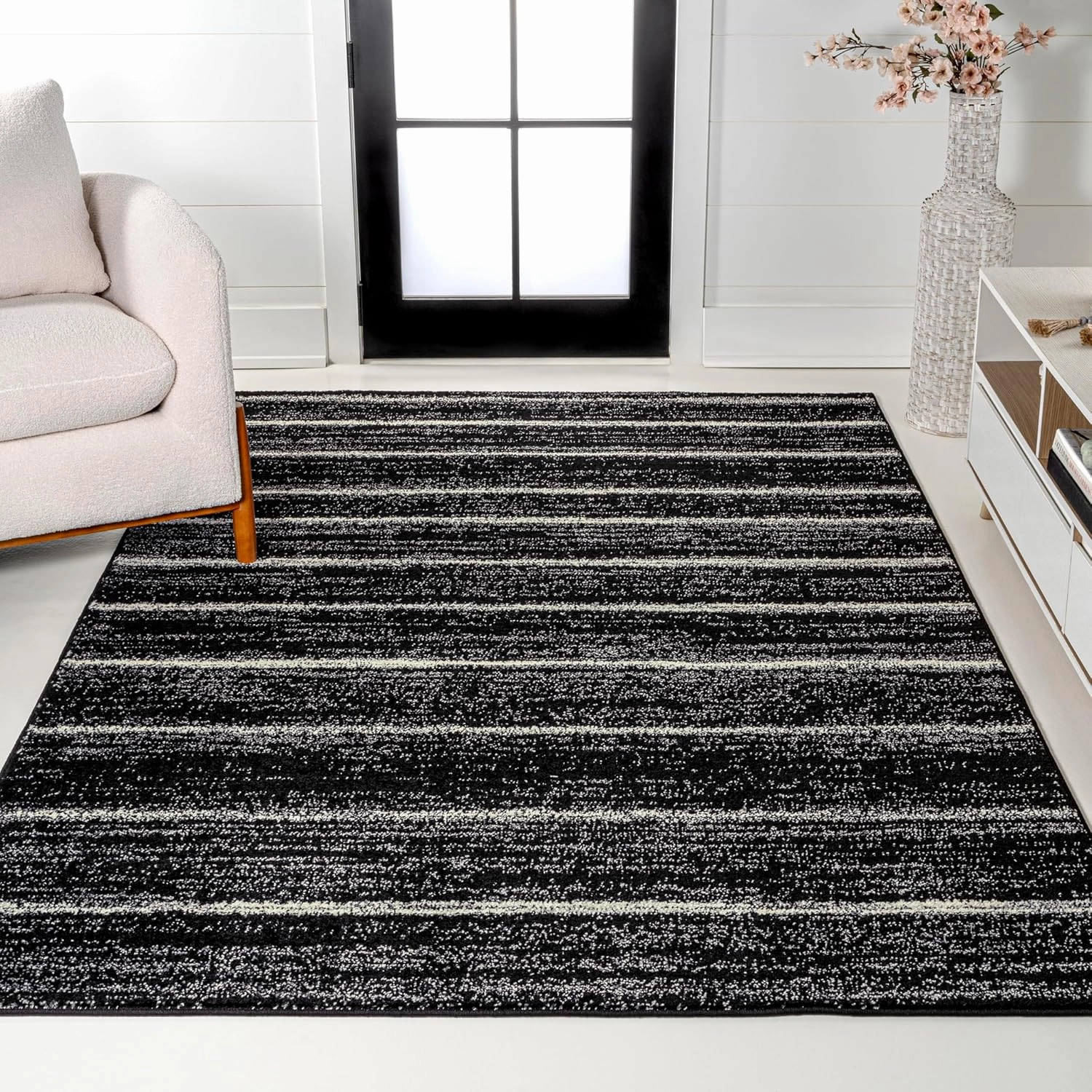 JONATHAN Y MOH201F-5 Williamsburg Minimalist Stripe Area Rug, Contemporary, Modern, Bohemian, Scandinavian, Rustic for Living Room, Dining Room, Bedroom, Kitchen, Black/Cream, 5 X 8