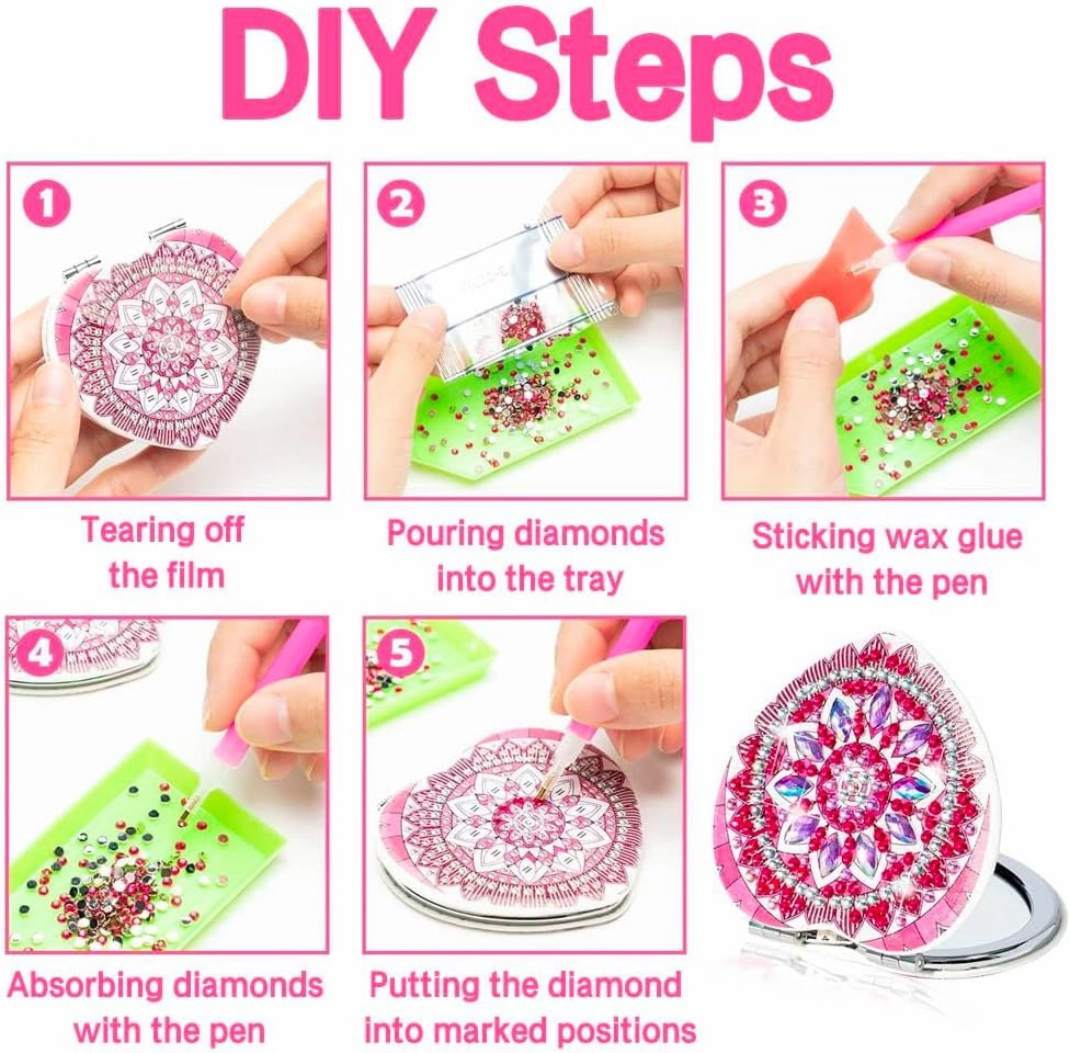 JOONOR 4 Pieces Portable Magnifying Diamond Painting Compact Mirror Mandala Pattern DIY Pocket Makeup Mirror with Double-Sided Diamond Painting Cover and Tools