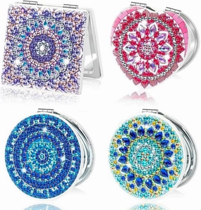 JOONOR 4 Pieces Portable Magnifying Diamond Painting Compact Mirror Mandala Pattern DIY Pocket Makeup Mirror with Double-Sided Diamond Painting Cover and Tools