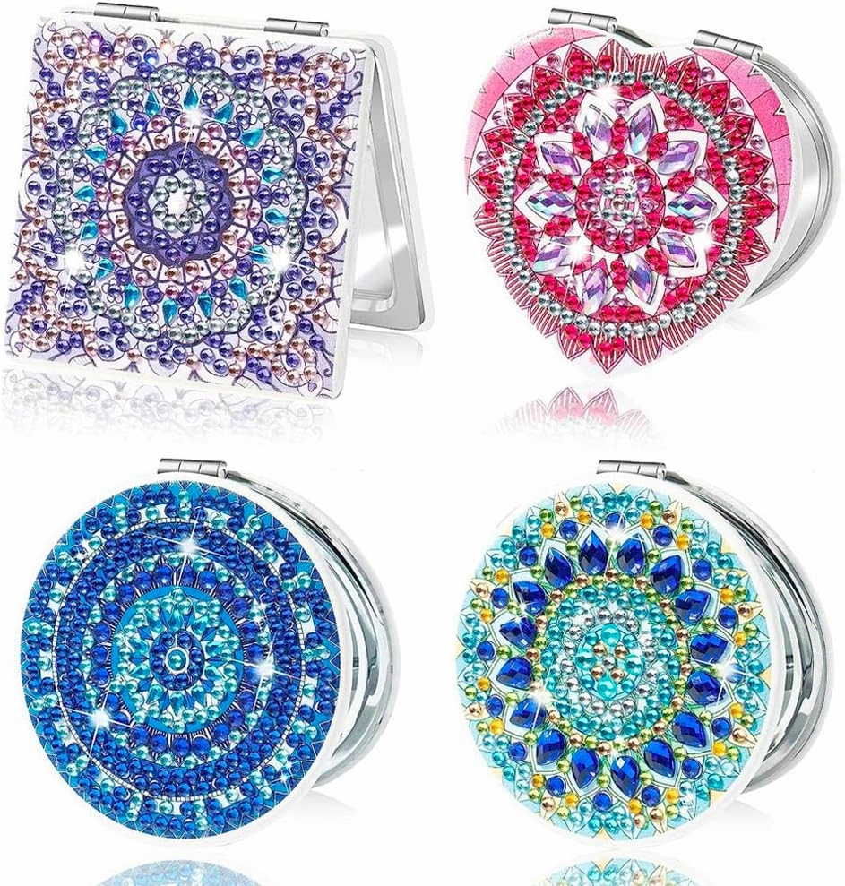 JOONOR 4 Pieces Portable Magnifying Diamond Painting Compact Mirror Mandala Pattern DIY Pocket Makeup Mirror with Double-Sided Diamond Painting Cover and Tools