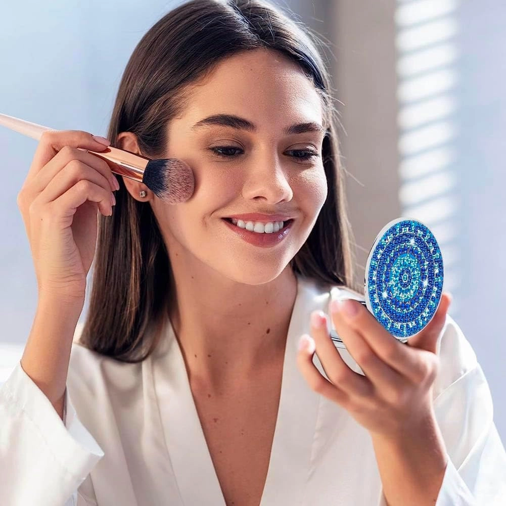 JOONOR 4 Pieces Portable Magnifying Diamond Painting Compact Mirror Mandala Pattern DIY Pocket Makeup Mirror with Double-Sided Diamond Painting Cover and Tools
