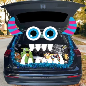 Joy Bang Trunk or Treat Car Decorations Kit, Halloween Car Decor, Trunk or Treat Decorations for SUV, Cute Monster with Blue Tinsel Garland Large Eyes Fangs, Halloween Garage Door Decorations