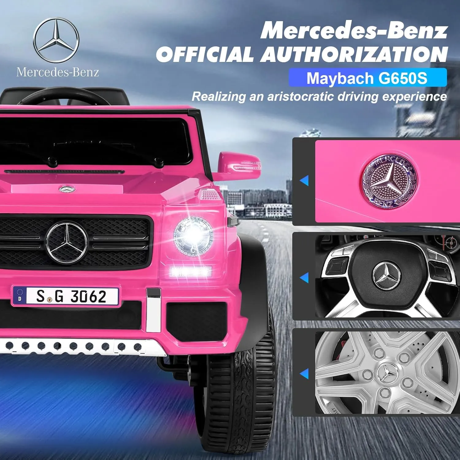 JOYLDIAS Licensed Mercedes-Benz G650S Ride On Car for Kids, 12V7AH Kids Ride On Truck with 2.4Ghz Remote Control, 3 Speeds, Bluetooth,Music,LED Lights, Spring Suspension, Pink