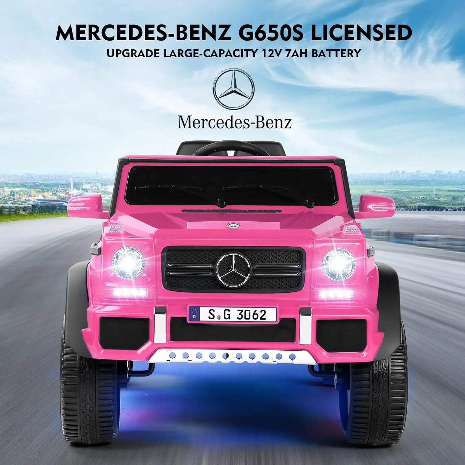 JOYLDIAS Ride On Cars, Licensed Mercedes-Benz Maybach G650S, 12V7AH Battery Powered Toy Electric Car for Kids with 2.4GHz Remote Control, 2 Motors, 3 Speeds, Lock, Music, Horn, LED Lights, Pink