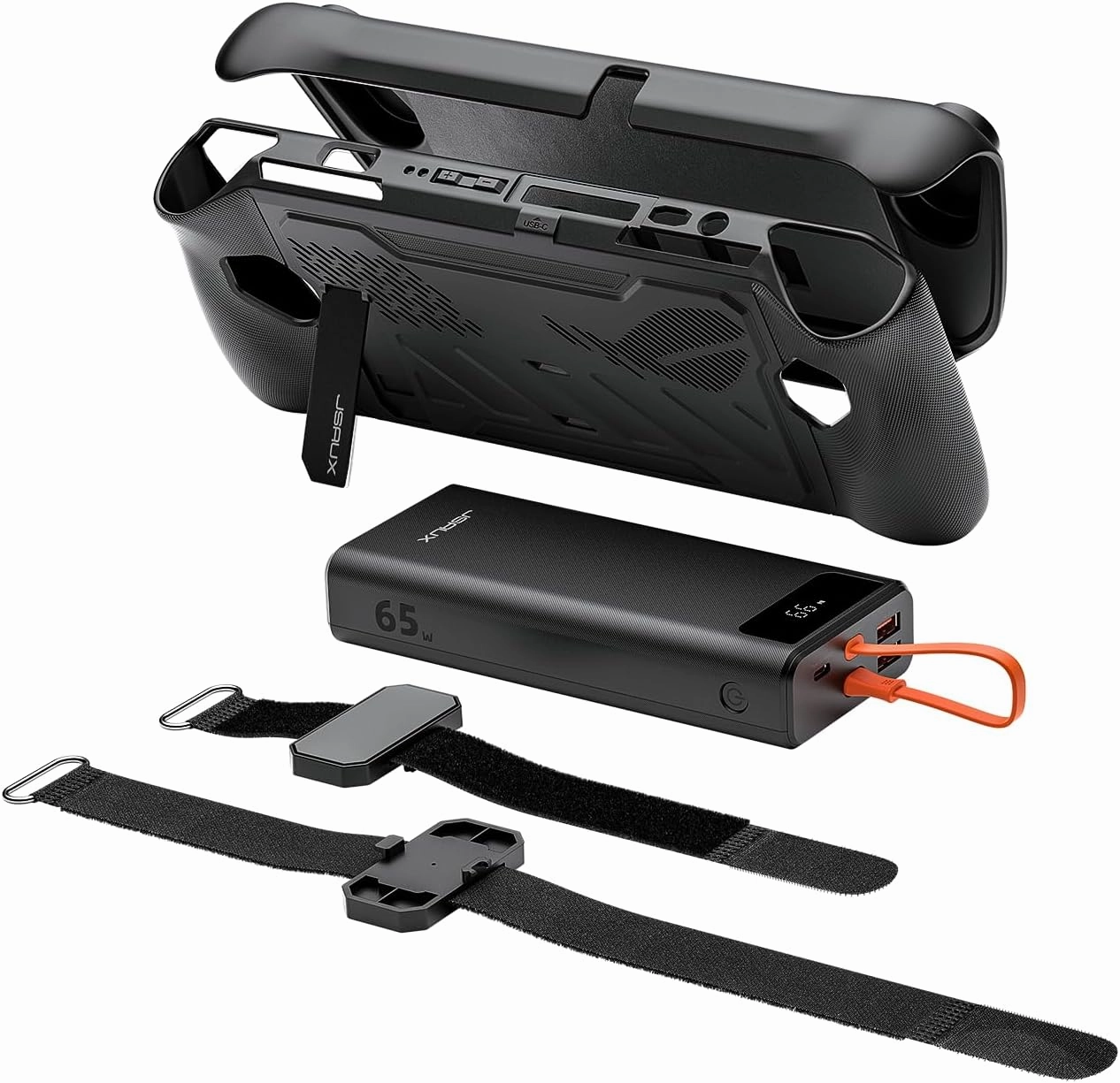 JSAUX ModCase for ROG Ally, PC0109 Protective Case with 20000mAh Power Bank, Detachable Front Cover, Kickstand, and 2 Hook-and-Loop Straps (Long & Short) - Power Bank Set Black