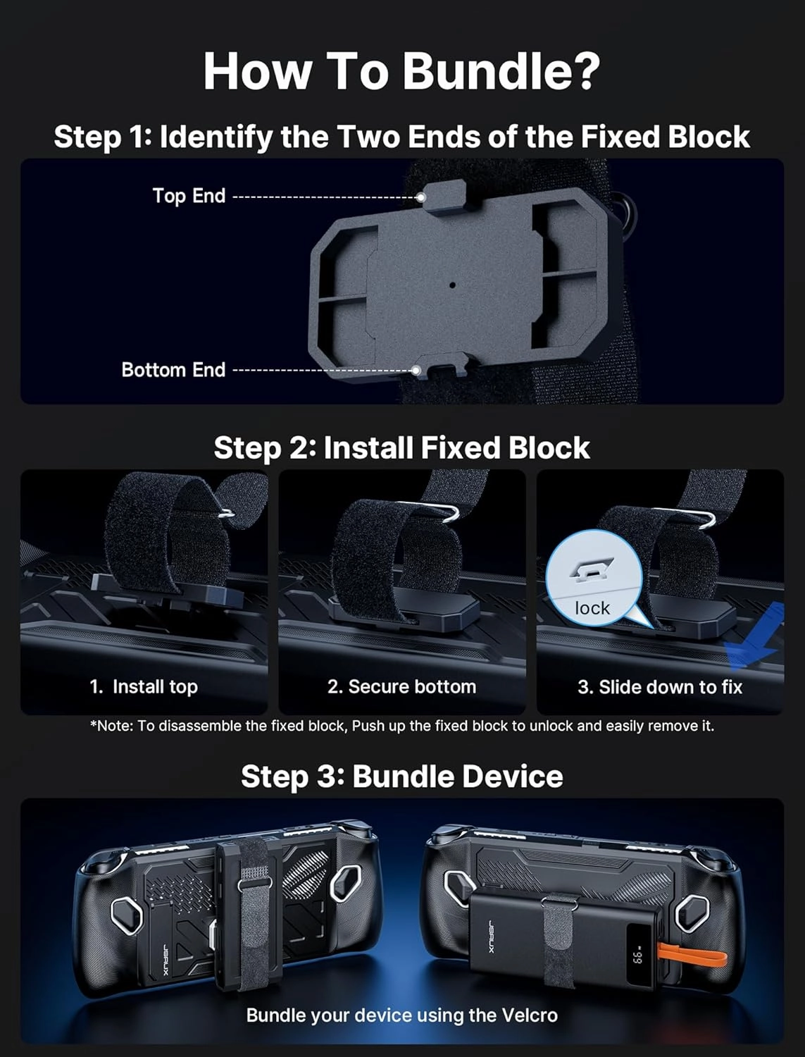 JSAUX ModCase for ROG Ally, PC0109 Protective Case with 20000mAh Power Bank, Detachable Front Cover, Kickstand, and 2 Hook-and-Loop Straps (Long & Short) - Power Bank Set Black