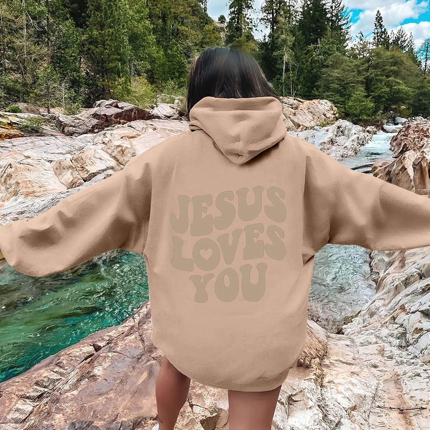 Juses Loves You Sweatshirt Spirit Letter Graphic Christian Faith Hoodies for Women with Hood Faith Over Fear Hoodie