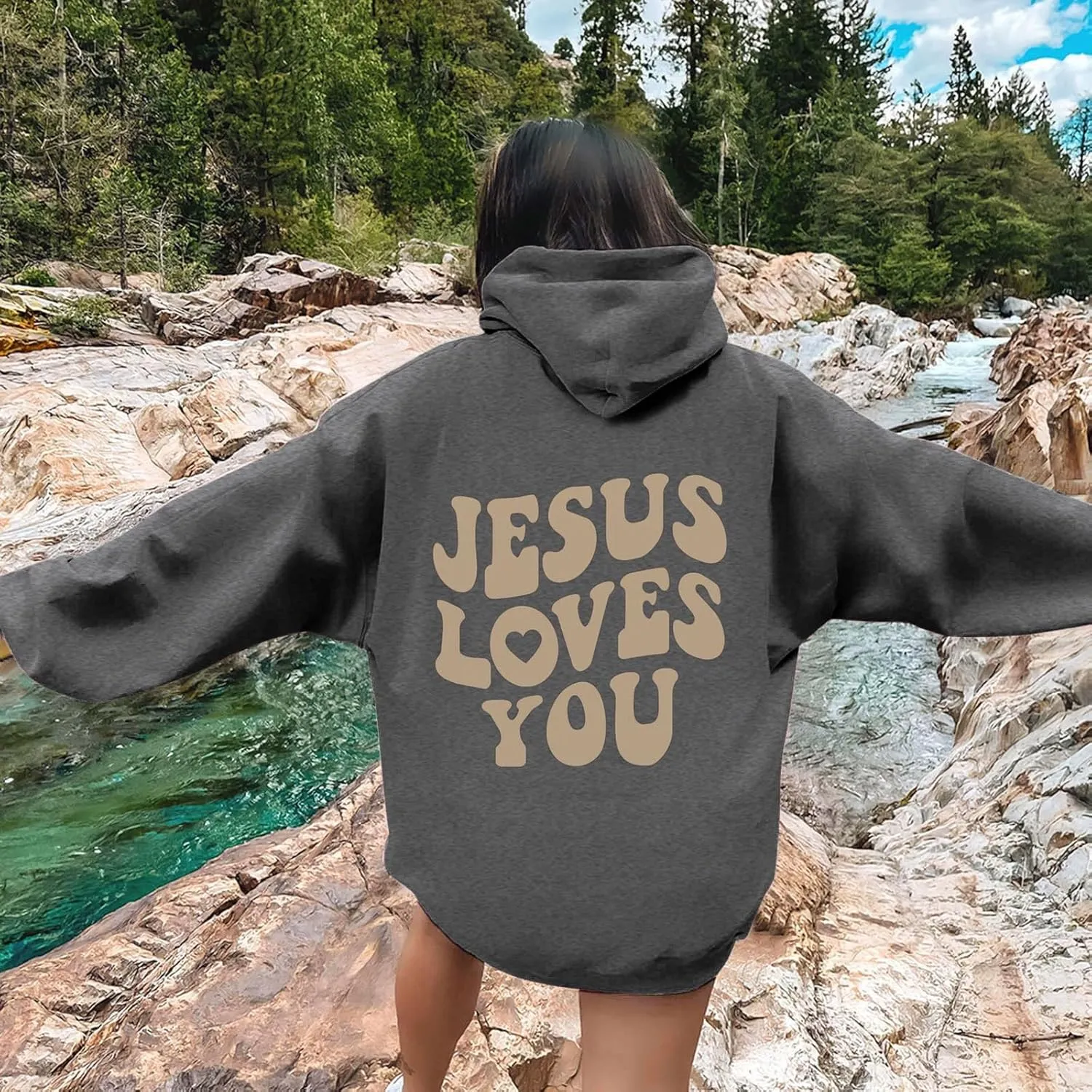 Juses Loves You Sweatshirt Spirit Letter Graphic Christian Faith Hoodies for Women with Hood Faith Over Fear Hoodie