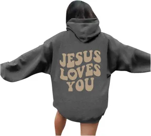 Juses Loves You Sweatshirt Spirit Letter Graphic Christian Faith Hoodies for Women with Hood Faith Over Fear Hoodie