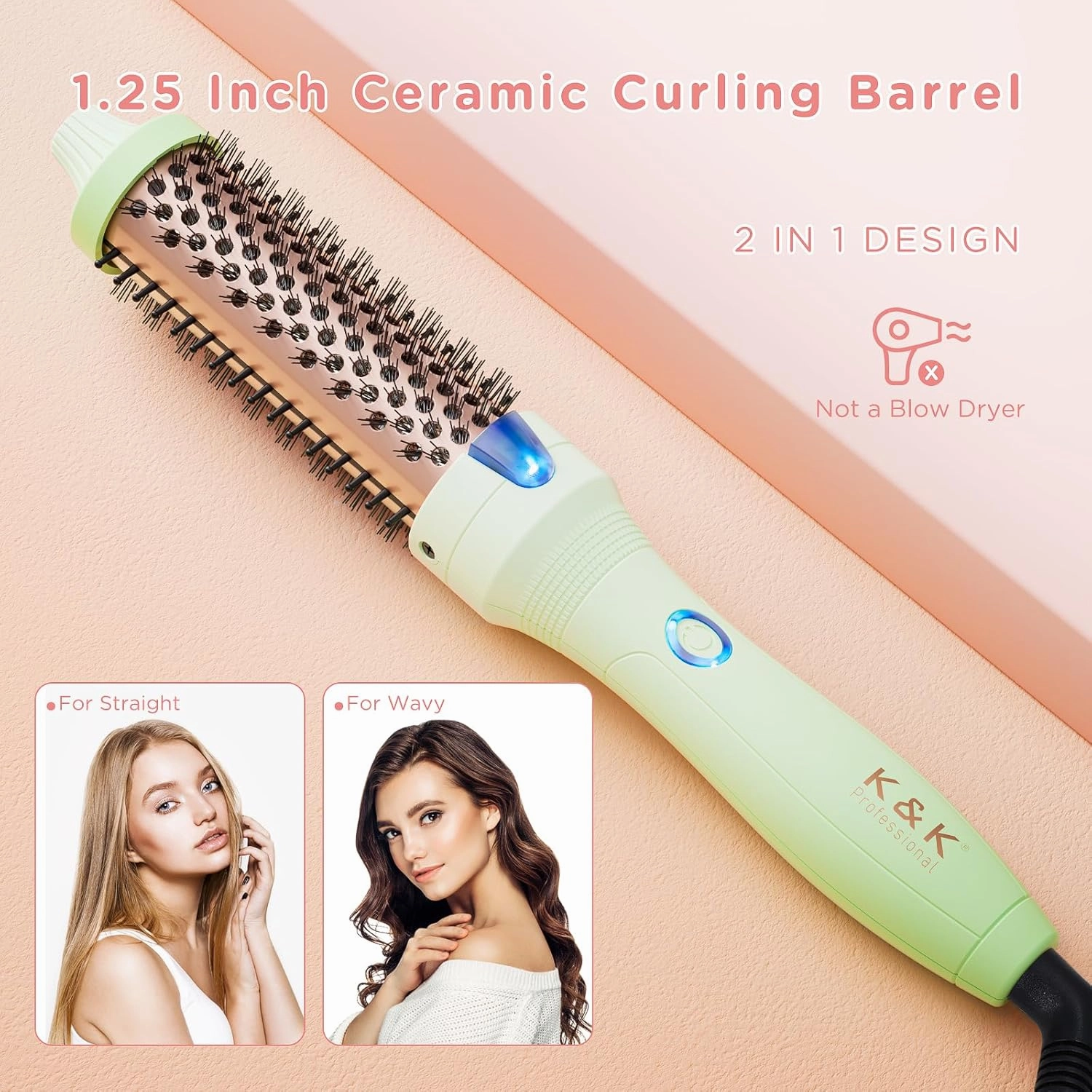 K&K Thermal Brush, 1 1/4 Inch Ionic Curling Iron with Tourmaline Ceramic Barrel, Professional 1.25 Inch Hair Curler up to 356°F Dual Voltage for Traveling, Hair Waving Style Tool