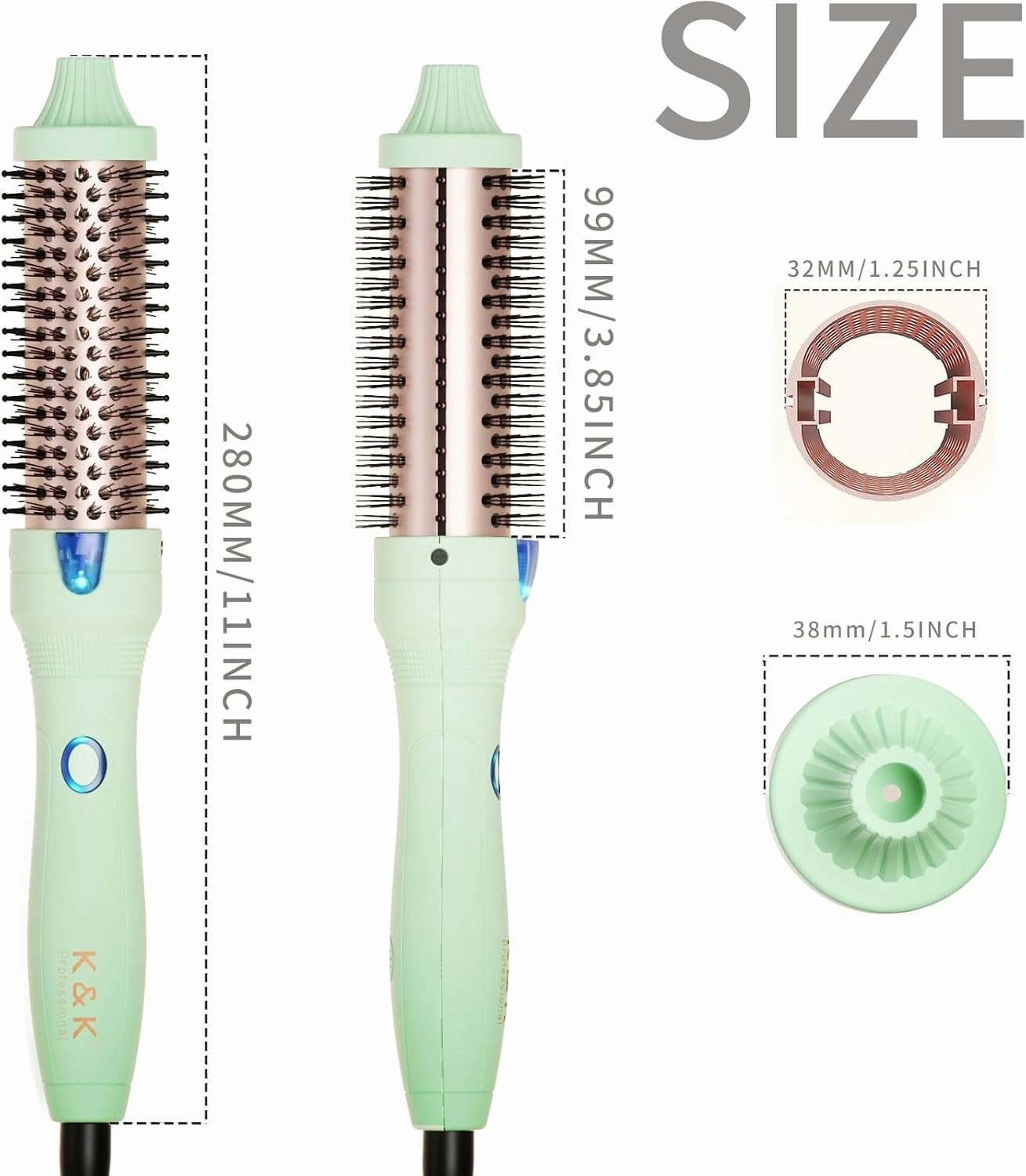K&K Thermal Brush, 1 1/4 Inch Ionic Curling Iron with Tourmaline Ceramic Barrel, Professional 1.25 Inch Hair Curler up to 356°F Dual Voltage for Traveling, Hair Waving Style Tool