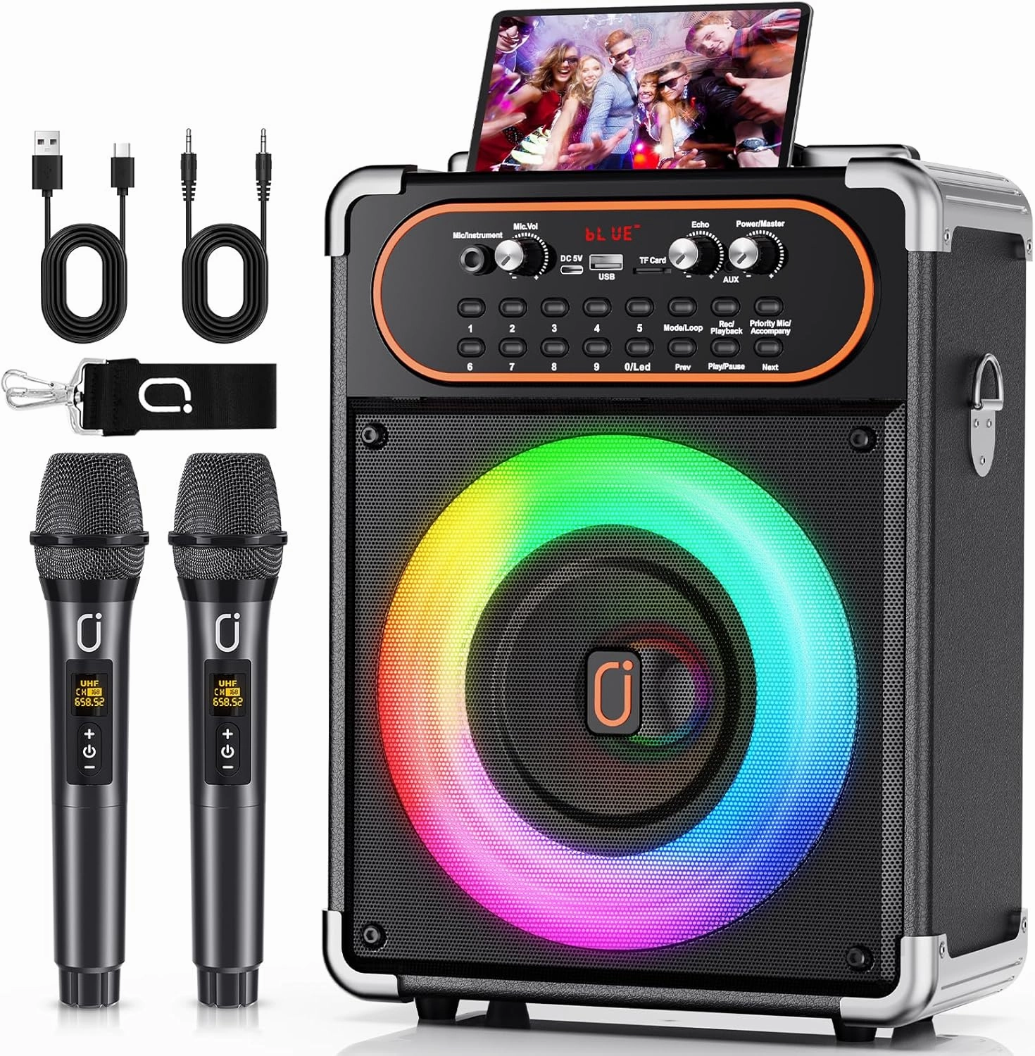 Karaoke Machine with 2 Microphones, Portable Bluetooth 5.3 Karaoke Speaker for Outdoor Events,Gatherings and Parties, PA System with Echo Adjustment for Adults,Support TVs Connected via Auxiliary