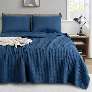 KASENTEX Dark Blue Twin Size Quilt Bedding Set with Pillow-Shams, Lightweight Soft Bedspread, Durable Quilted Blanket Thin Comforter Bed Cover, All Season Summer Spring, 3 Pieces, 68x80 inches