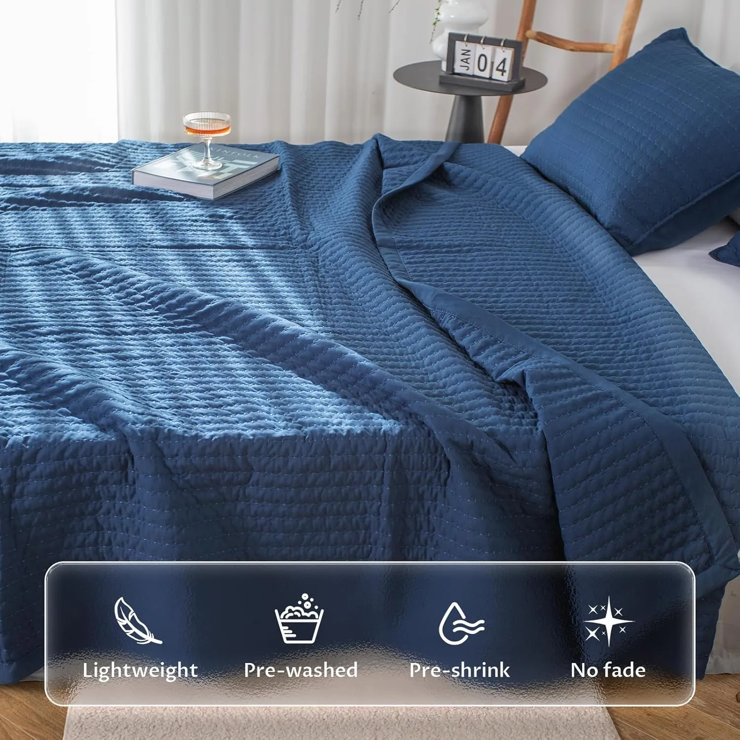 KASENTEX Dark Blue Twin Size Quilt Bedding Set with Pillow-Shams, Lightweight Soft Bedspread, Durable Quilted Blanket Thin Comforter Bed Cover, All Season Summer Spring, 3 Pieces, 68x80 inches