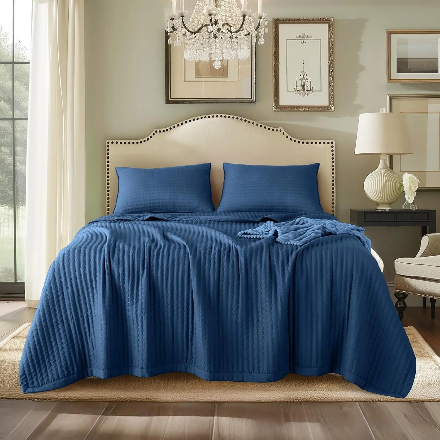 KASENTEX Dark Blue Twin Size Quilt Bedding Set with Pillow-Shams, Lightweight Soft Bedspread, Durable Quilted Blanket Thin Comforter Bed Cover, All Season Summer Spring, 3 Pieces, 68x80 inches